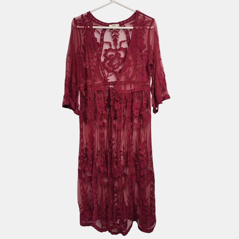 ENTRO Womens Size M Red Lace Kimono Coverup Duster Tie Front Topper Boho READ